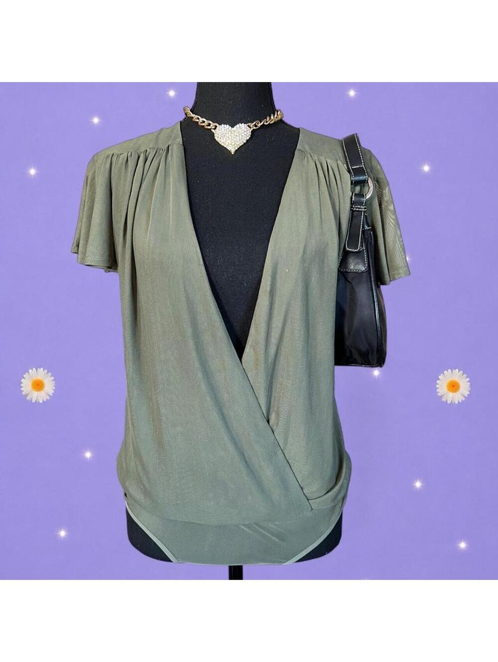 Bebe Y2K Olive Fairy Grunge Coquette Surplice Bodysuit size medium 💚
